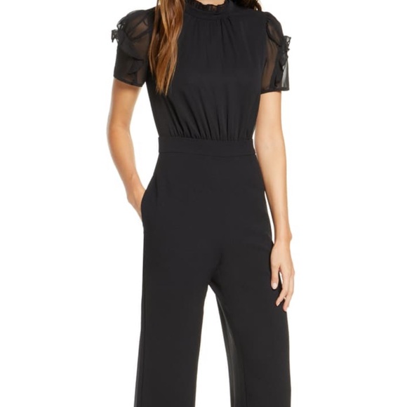 Vince camuto short sleeve mock neck chiffon bodice jumpsuit Clearance